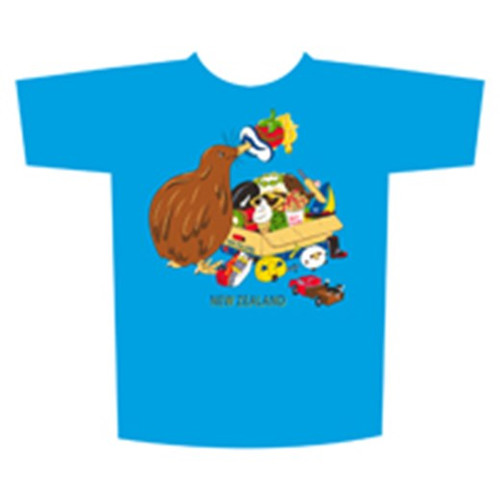 Kids Tshirt - Bright blue with Kiwi and toys design - various sizes