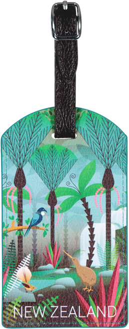 New Zealand luggage and bag tag featuring birds and bush scenery