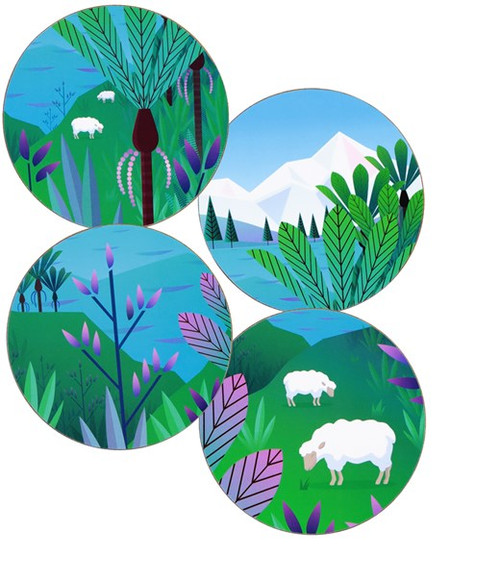 Round coaster set of 4 NZ scene and sheep grazing