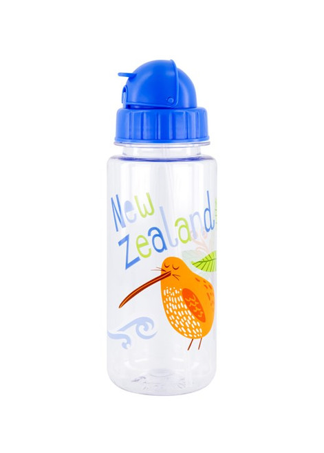 Kids plastic blue drink bottle with Kiwi and Ponga tree