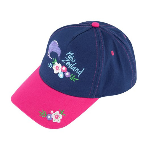 NZ Kids Pink and Blue Cap (size 54cm) Kiwi and flowers