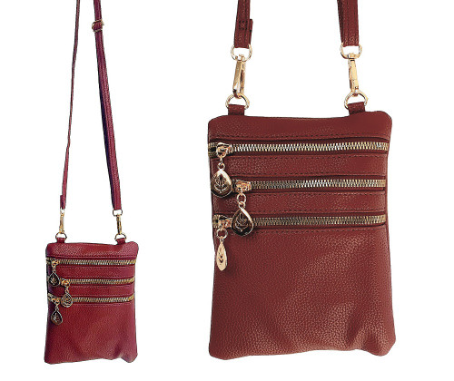 3 zip pocket Handy phone size cross body bag - dark red