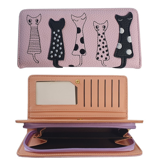 Ladies wallet with 5 cats on front - purple