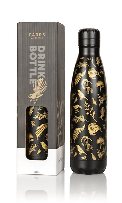 Metal Drink Bottle black with gold birds 500ml