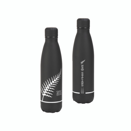 Black 500ml stainless steel drink bottle with New Zealand silver fern design