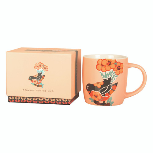 Ceramic Coffee Mug designer Bird NZ Fantail on peach pink