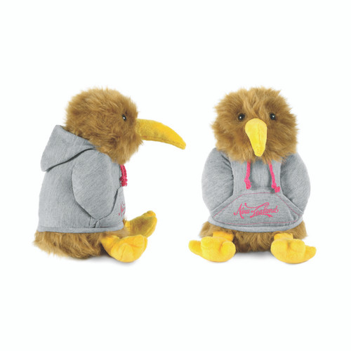 NZ Kiwi Soft Toy wearing a grey hoodie with pink New Zealand