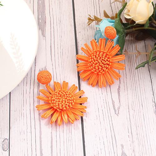 Raffia flower earrings - Bright Orange