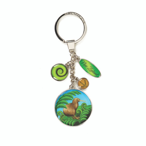 NZ keyring - metal charms with Kiwi footprint, Koru and Kiwi