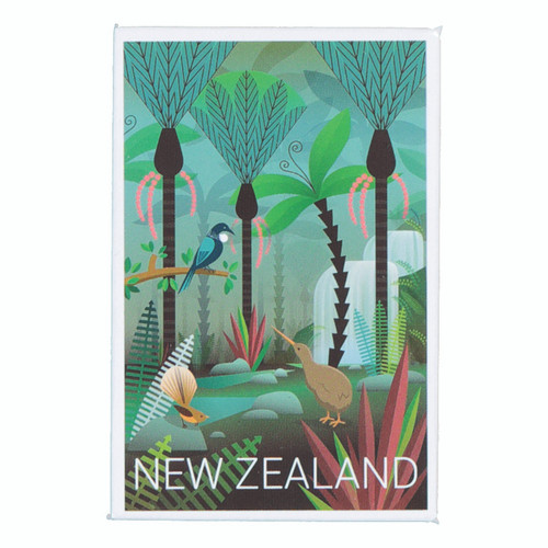 Metal Fridge Magnet - NZ scene with NZ birds in NZ bush