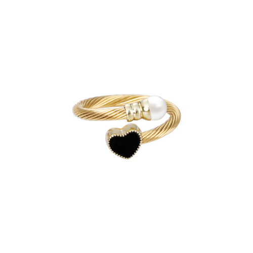 Gold coloured rope pattern adjustable ring with black heart and faux pearl