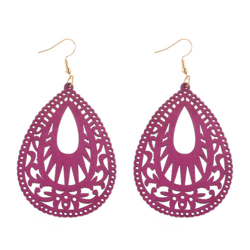 Large dangly teardrop wooden cut out earrings - purple