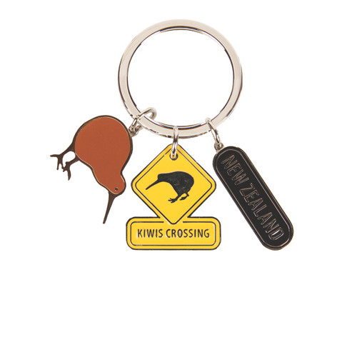 Metal New Zealand keyring with kiwi, Kiwi Crossing sign and New Zealand tag charms