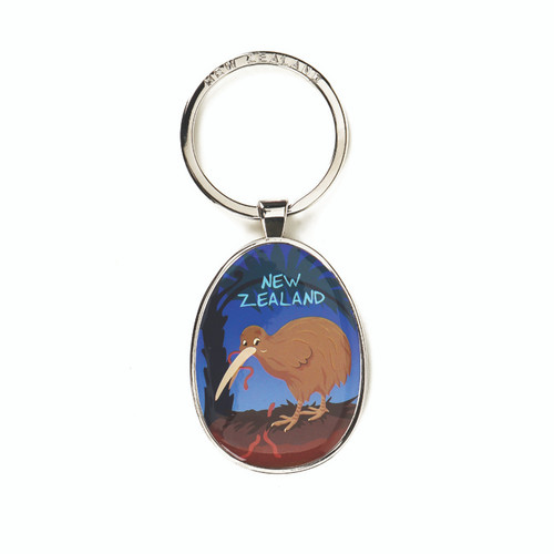 NZ Keyring - metal egg shape with Kiwi eating a worm