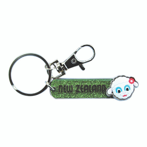 NZ Keyring - metal New Zealand tag with spinning cute sheeps head