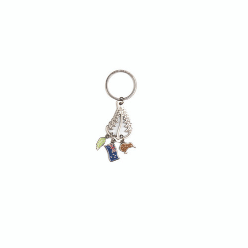 NZ Keyring -metal cut out silver fern with charms