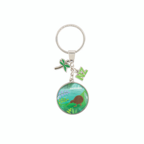 NZ Keyring - metal disc with picture of Kiwi in NZ Scene