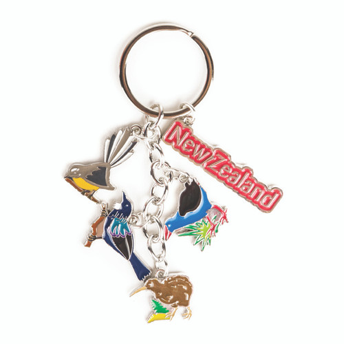 NZ Keyring - metal NZ Native bird charms and New Zealand tag