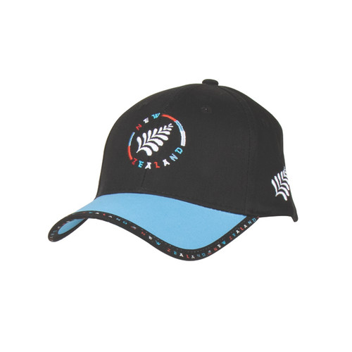 Black kids cotton cap with a fern surrounded by New Zealand wording in a circle