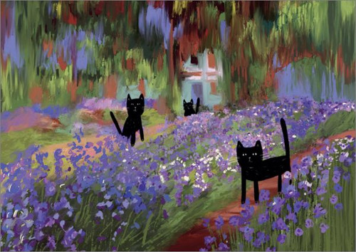 Greetings Card  - Black Cat in Monet's iris Garden