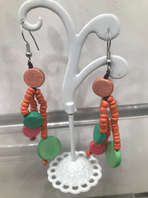 Dangly wood earrings -pink orange and green