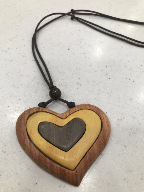Layered wooden heart necklace - mustard and brown
