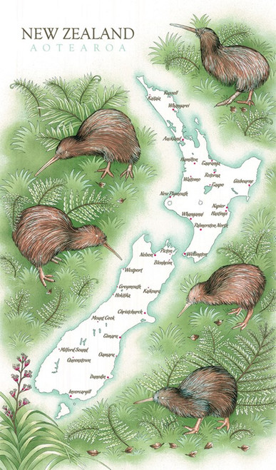 New Zealand kiwi and map design on a 100% cotton souvenir tea towel, approximately 48 x 81cm