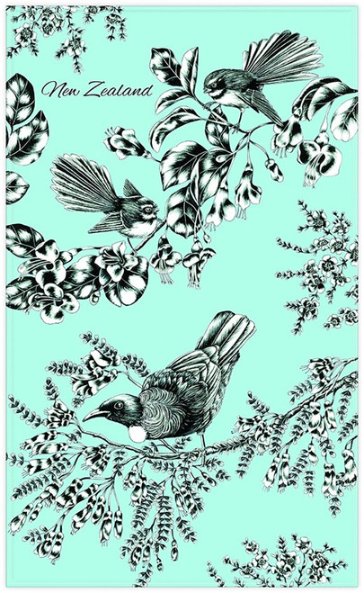 Tea Towel - NZ Birds, Tui and Fantail on pastel blue background