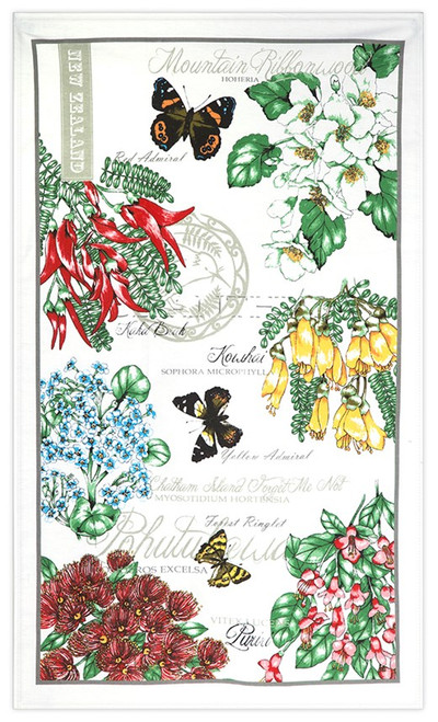 Tea Towel - NZ Flowers and butterflies