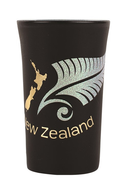 Shot Glass - silver ferm and NZ map on black glass