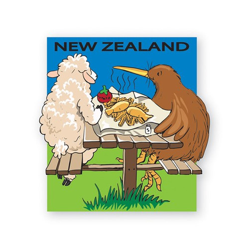 NZ Fridge magnet - Sheep and Kiwi sharing Fish and Chips