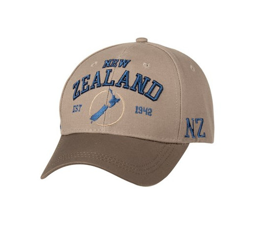 Light brown cotton cap with blue embroidered New Zealand wording and NZ map
