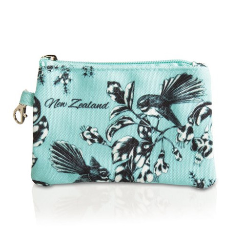 NZ Coin purse with Fantail on pastel blue