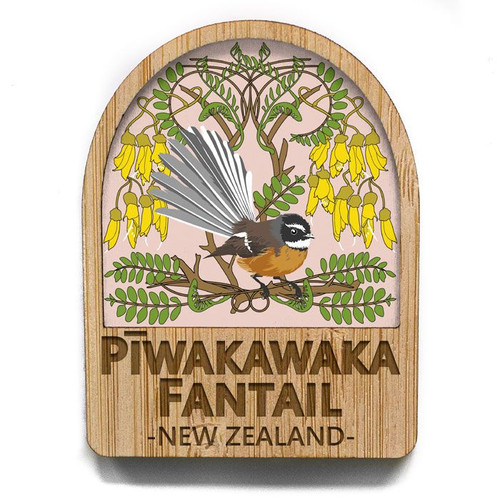 Piwakawaka, NZ Fantail on Kowhai bush - Arch shape fridge magnet