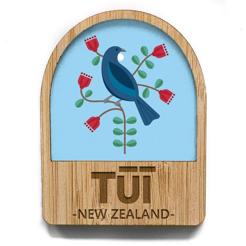 Stylised NZ Tui on Pohutukawa Bush - Arch shape fridge magnet