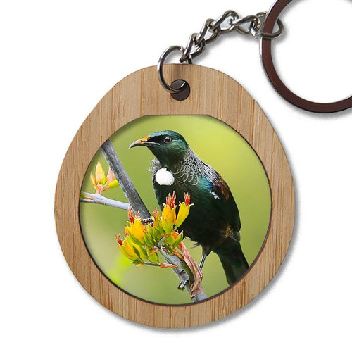 NZ Tui on Kowhai - oval wooden keyring