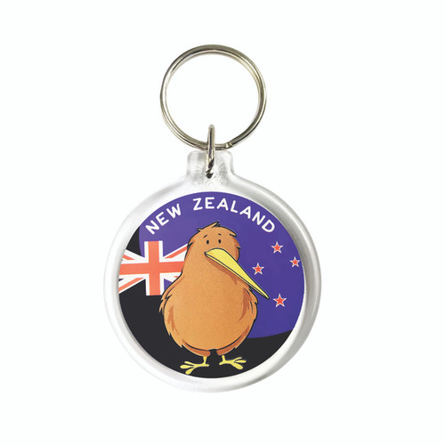 Comical Kiwi in front of NZ flag - New Zealand keyring