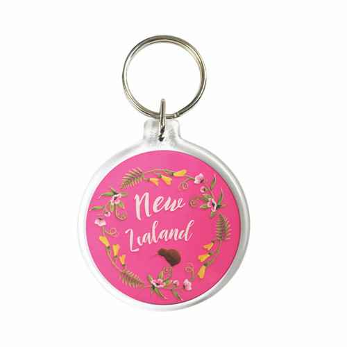 Kiwi, ferns and flora on a pink New Zealand round keyring