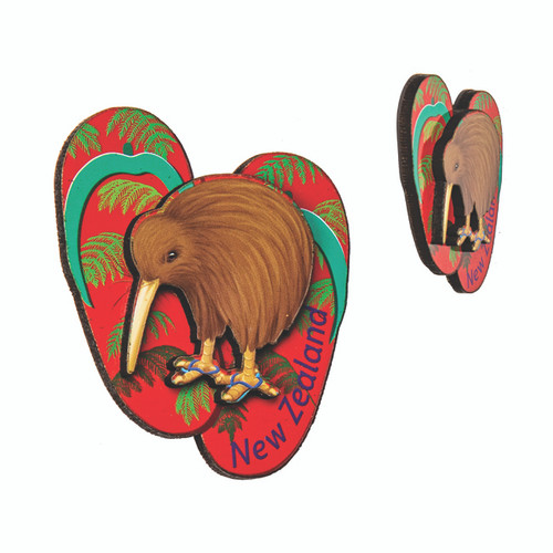 NZ Fridge Magnet - 3D wooden Kiwi on pair of Jandals