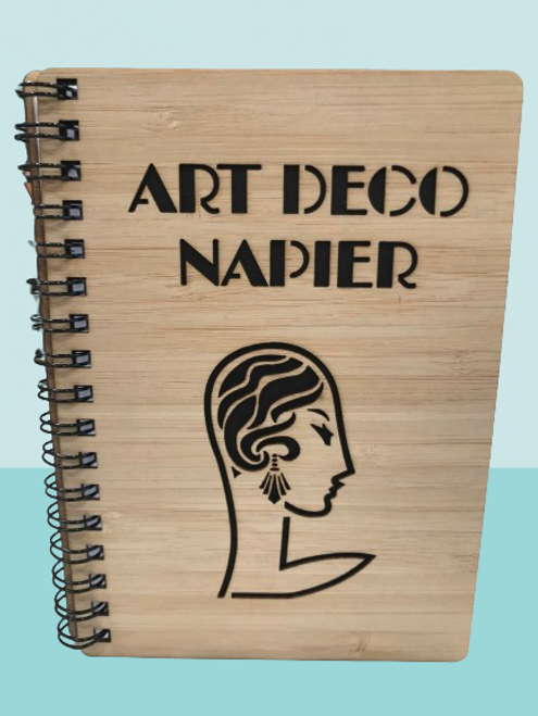 bamboo cover blank page notepad with Art Deco Napier and ladies 20's style head.
