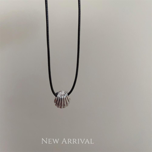 Black braided rope necklace with silver shell