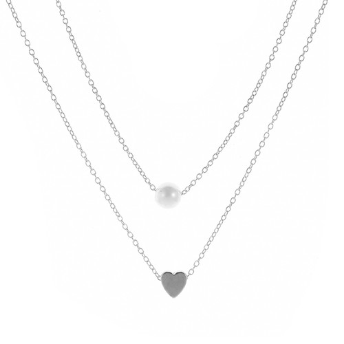 White pearl and heart double layer silver necklace
