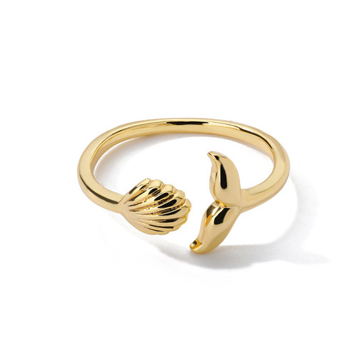 Whale tail and shell ring in gold coloured - Adjustable opening