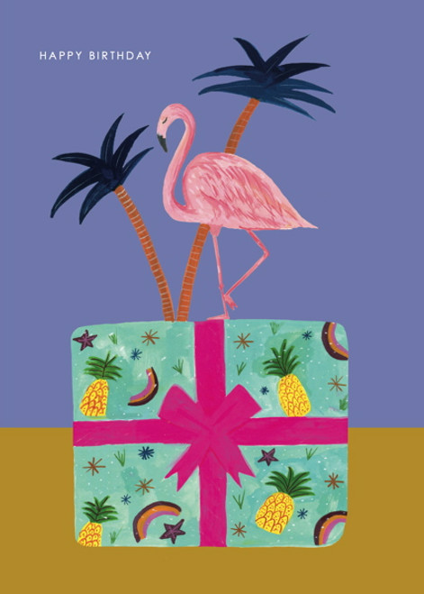 Greeting card - Flamingo on present 'Happy Birthday'