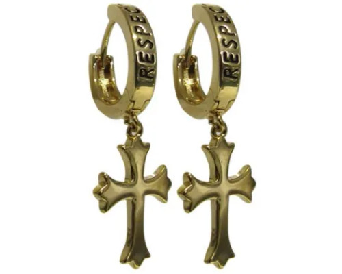 French hook faux gold earrings with cross and respect on hoop