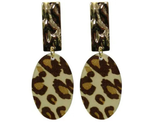 Oval Leapoard print earrings hung from gol;d oblong on 925 posts