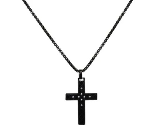 black diamante cross on black chain pendant necklace