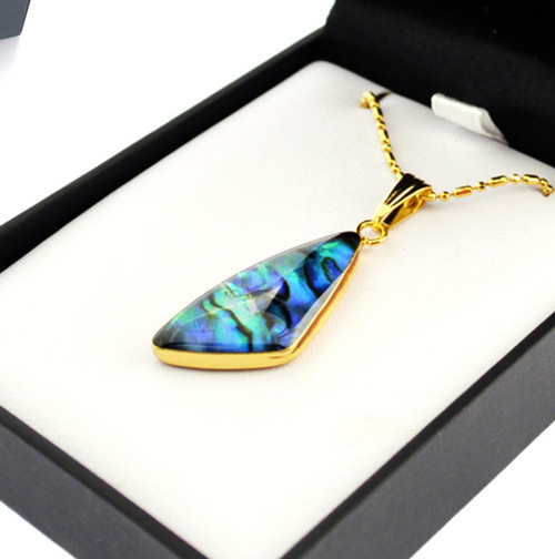 NZ Paua set in gold plated Pendant with angle cut bottom