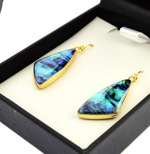 NZ Paua set in gold plated earrings with angle cut bottom