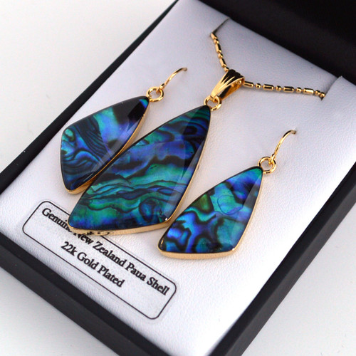 NZ Paua gold plated pendant and earring set